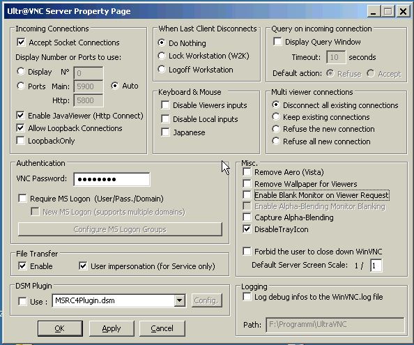 UltraVNC admin property page
